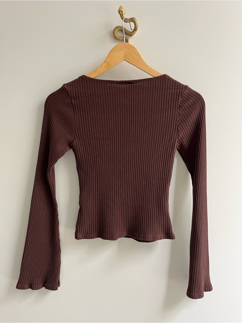 Reformation Miller Bell Sleeve Ribbed Knit Top Cafe Brown XS - Picture 3 of 6